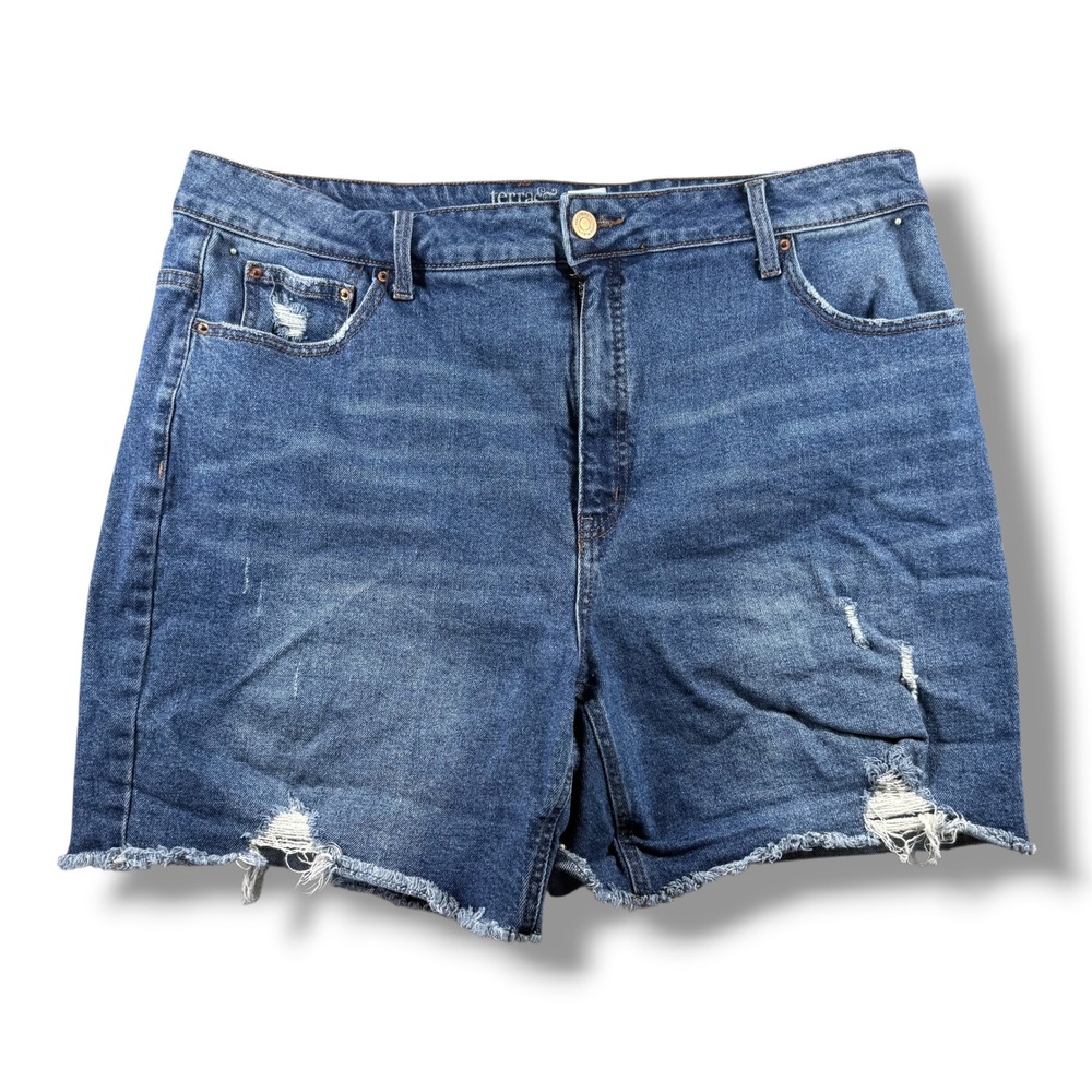 Terra & Sky Womens 18W Distressed Denim Shorts Dark Wash Frayed Hem Stretch 5in